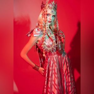 Blush rose pink satin stripe corset open back bow shoulder gown